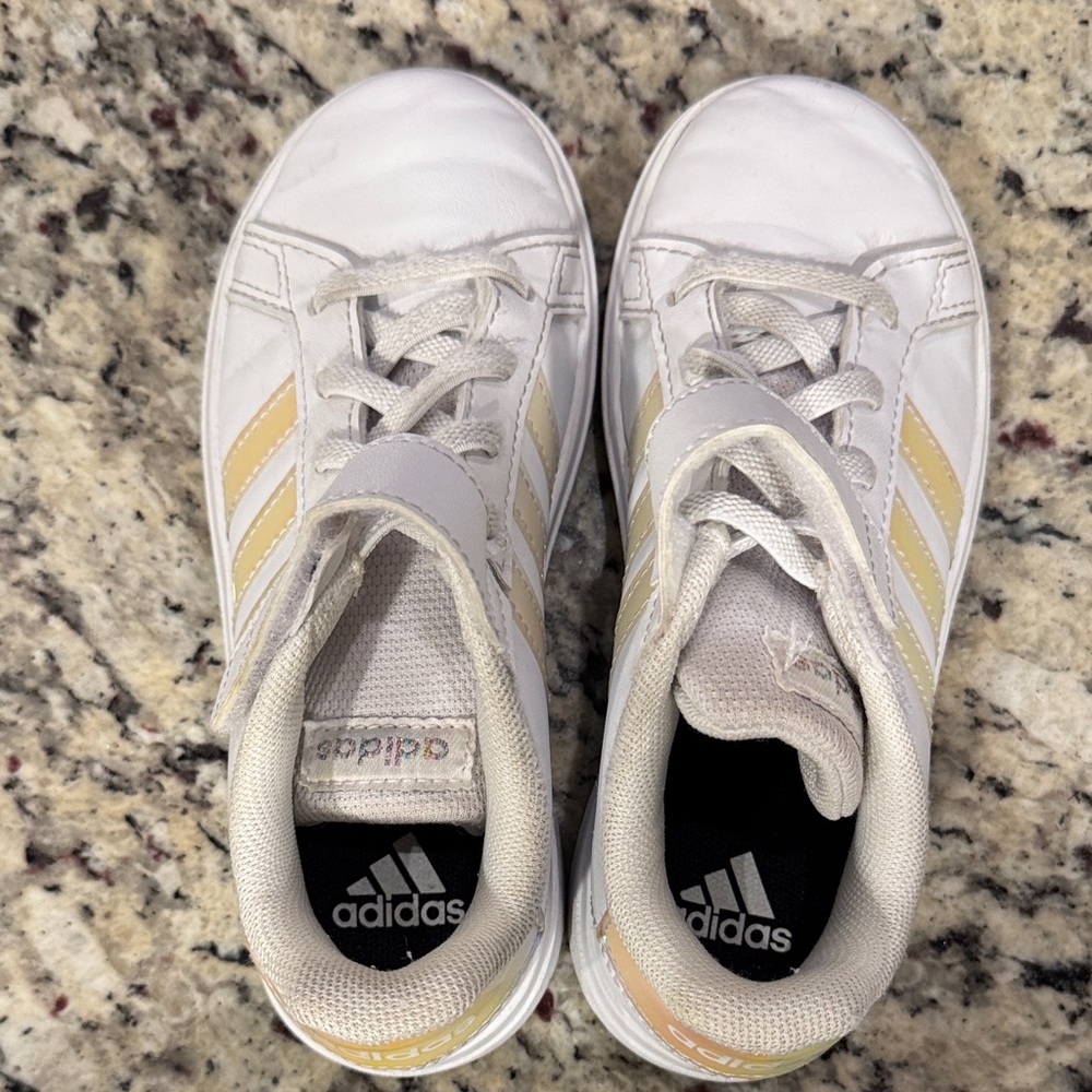 Adidas Kids White Sneakers with Iridescent Stripes Sz 11
